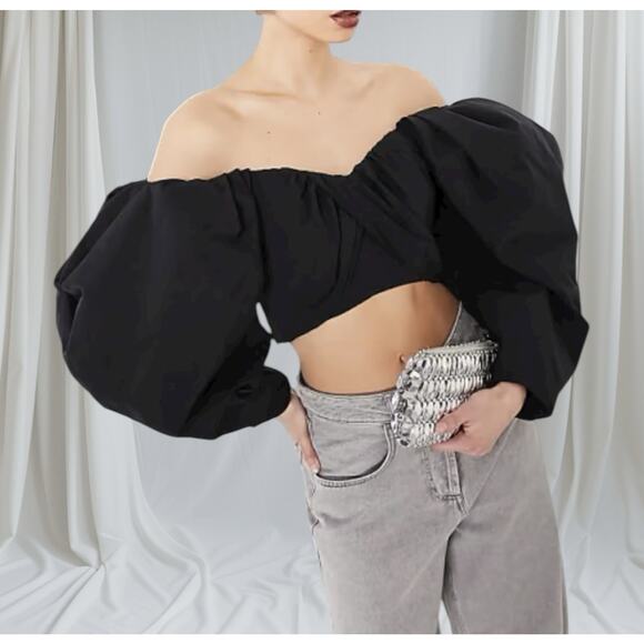 ASOS Black Off Shoulder Puff Sleeve Corset Crop Top Balloon Sleeve sz US 6 - Picture 1 of 11